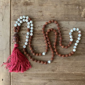 Howlite and Rudraksha Seed 108 Bead Mala with Buddha Head and Silk Tassel