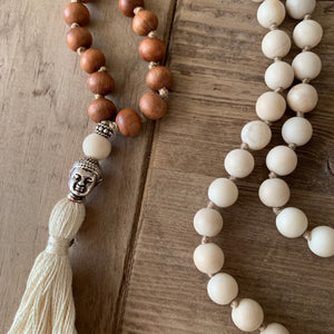 Sunstone and Sandalwood 108 Bead Mala with Buddha Head Guru Bead