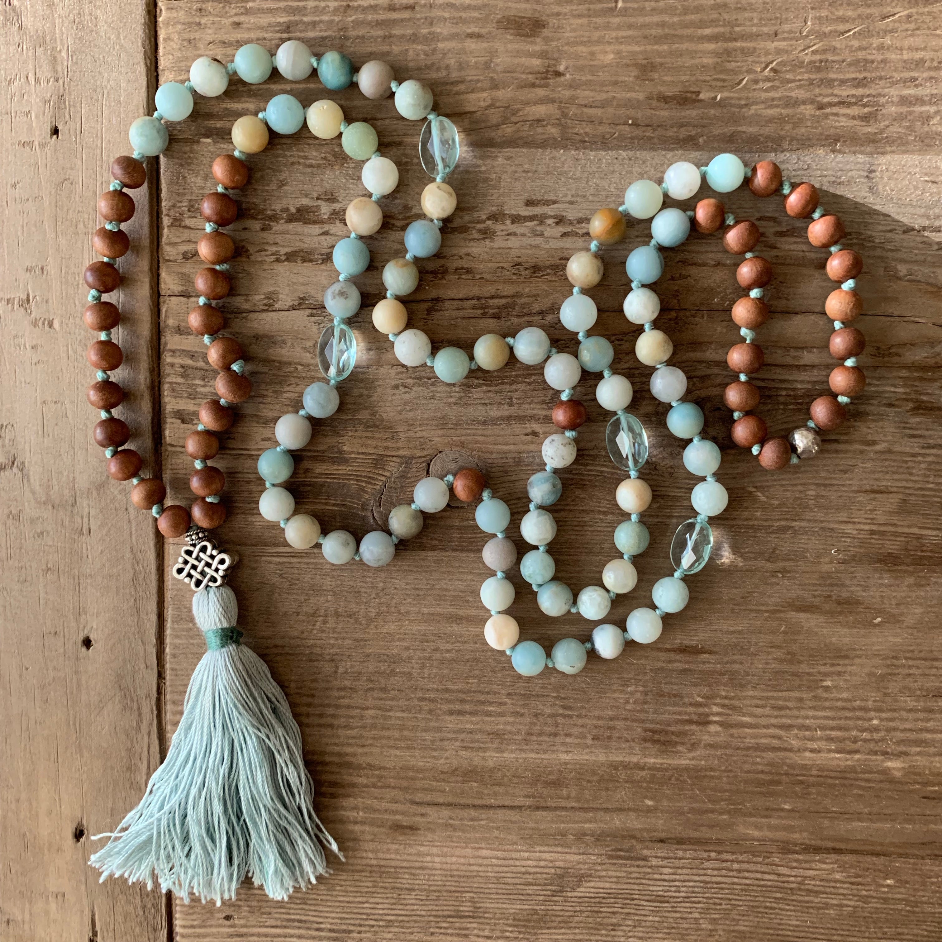 Amazonite and Blue Topaz with Sandalwood 108 Bead Mala with Sterling Silver Knot Guru Bead