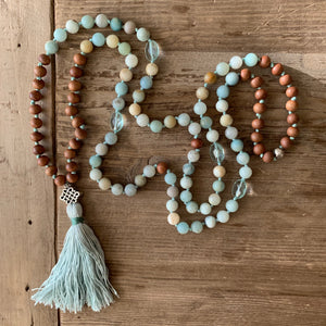 Amazonite and Blue Topaz with Sandalwood 108 Bead Mala with Sterling Silver Knot Guru Bead