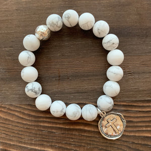 Heavenly Howlite Bracelet with Sterling Silver bead and Stamped Cross Charm