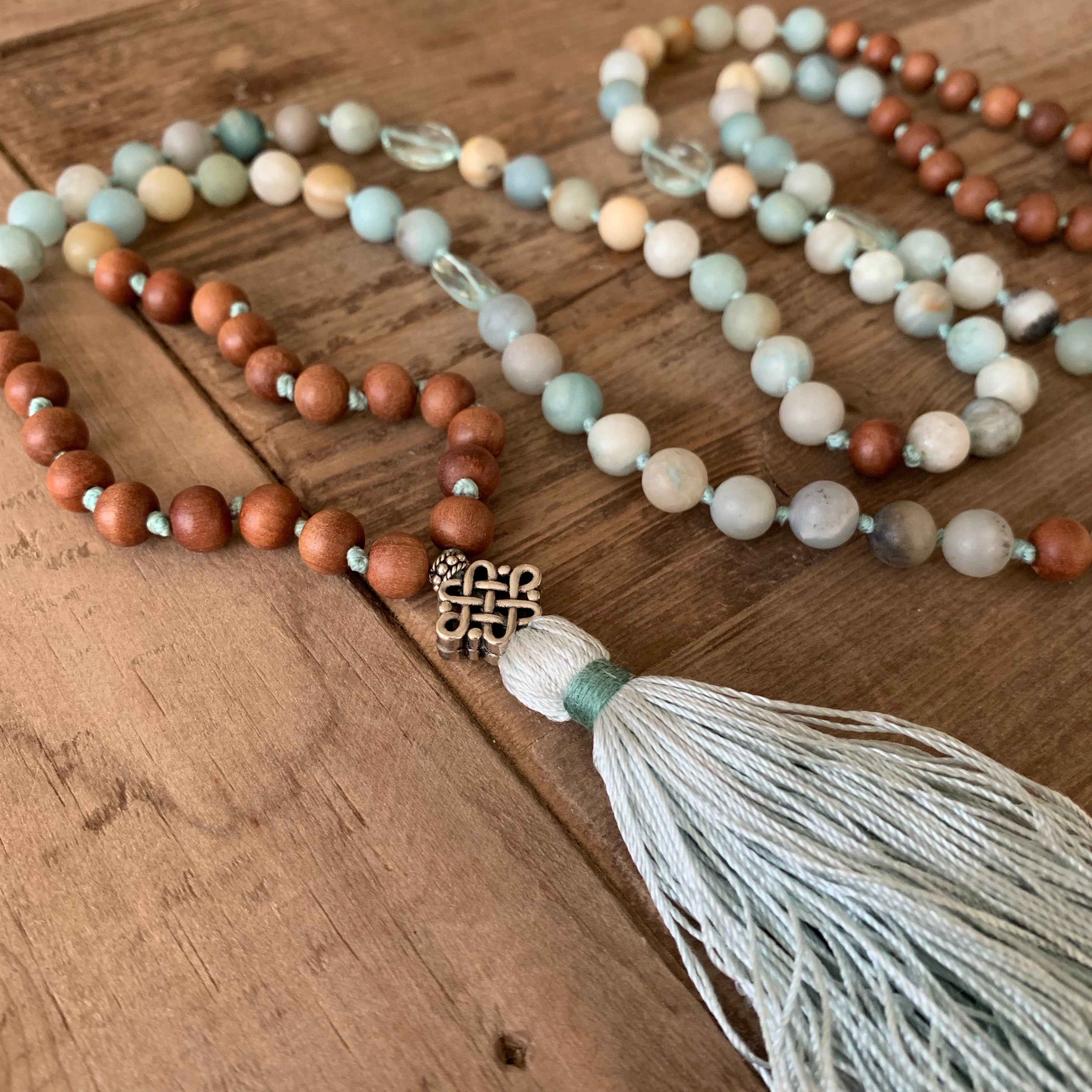 Amazonite and Blue Topaz with Sandalwood 108 Bead Mala with Sterling Silver Knot Guru Bead