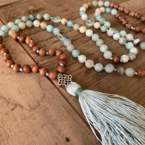 Amazonite and Blue Topaz with Sandalwood 108 Bead Mala with Sterling Silver Knot Guru Bead