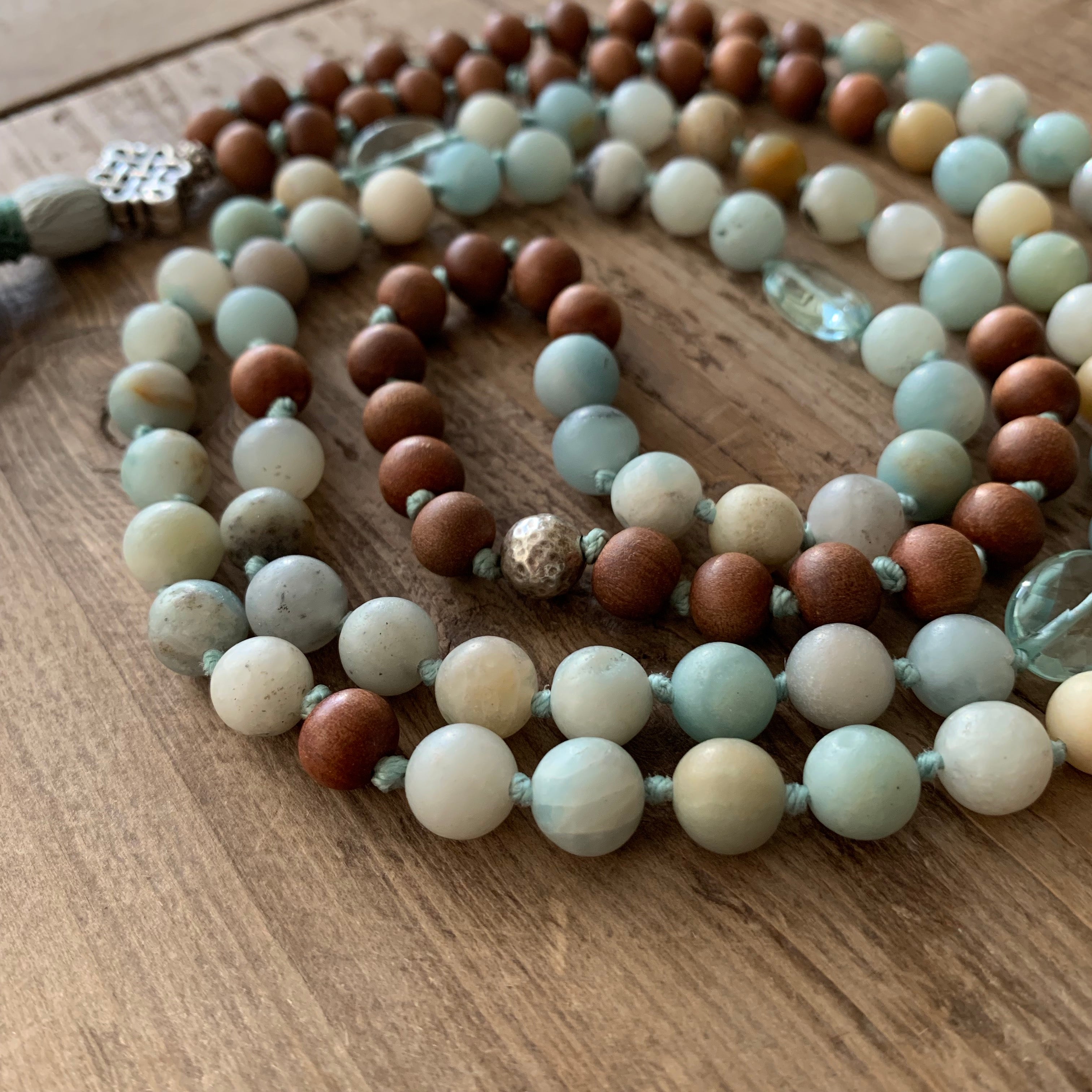 Amazonite and Blue Topaz with Sandalwood 108 Bead Mala with Sterling Silver Knot Guru Bead