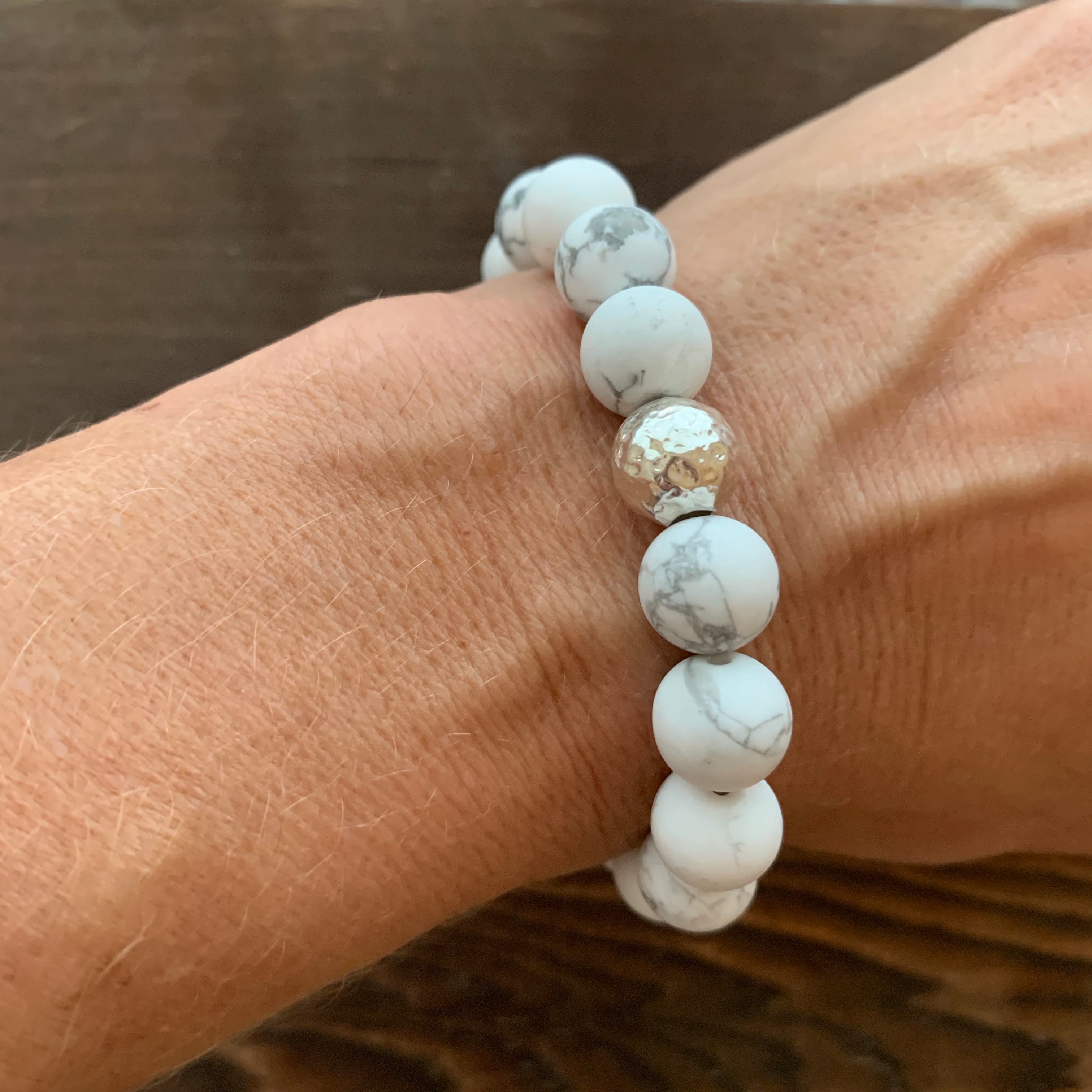 Heavenly Howlite Bracelet with Sterling Silver bead and Stamped Cross Charm