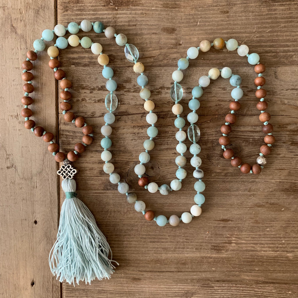 Amazonite and Blue Topaz with Sandalwood 108 Bead Mala with Sterling Silver Knot Guru Bead
