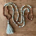 Amazonite and Blue Topaz with Sandalwood 108 Bead Mala with Sterling Silver Knot Guru Bead