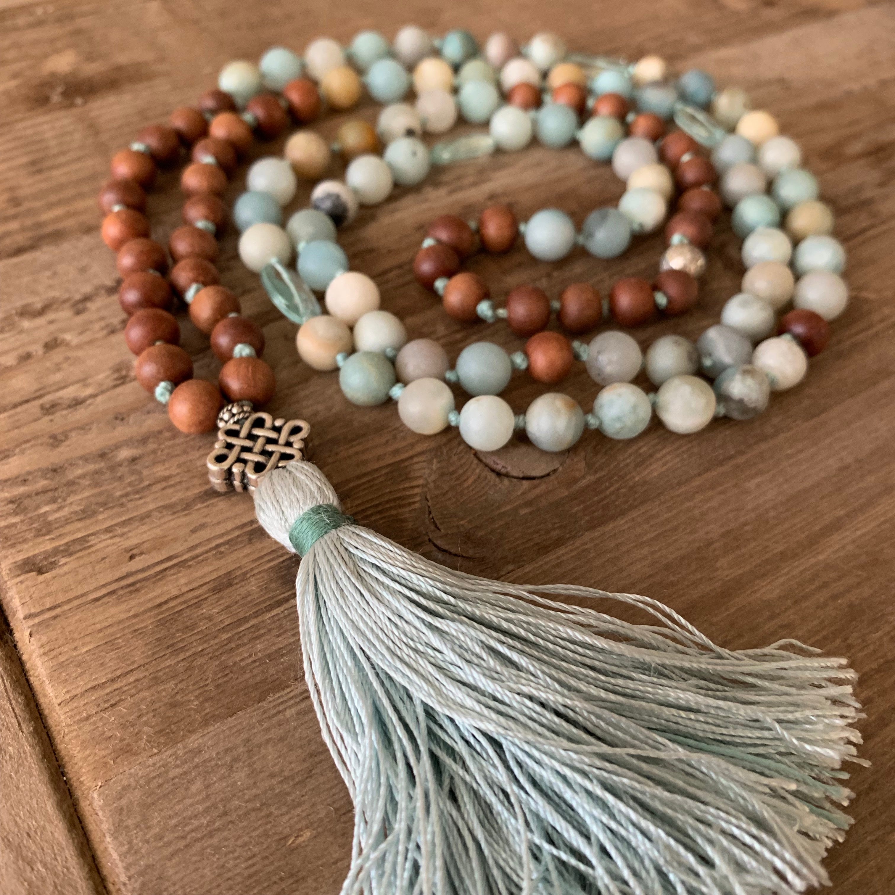 Amazonite and Blue Topaz with Sandalwood 108 Bead Mala with Sterling Silver Knot Guru Bead