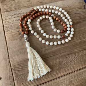 Sunstone and Sandalwood 108 Bead Mala with Buddha Head Guru Bead