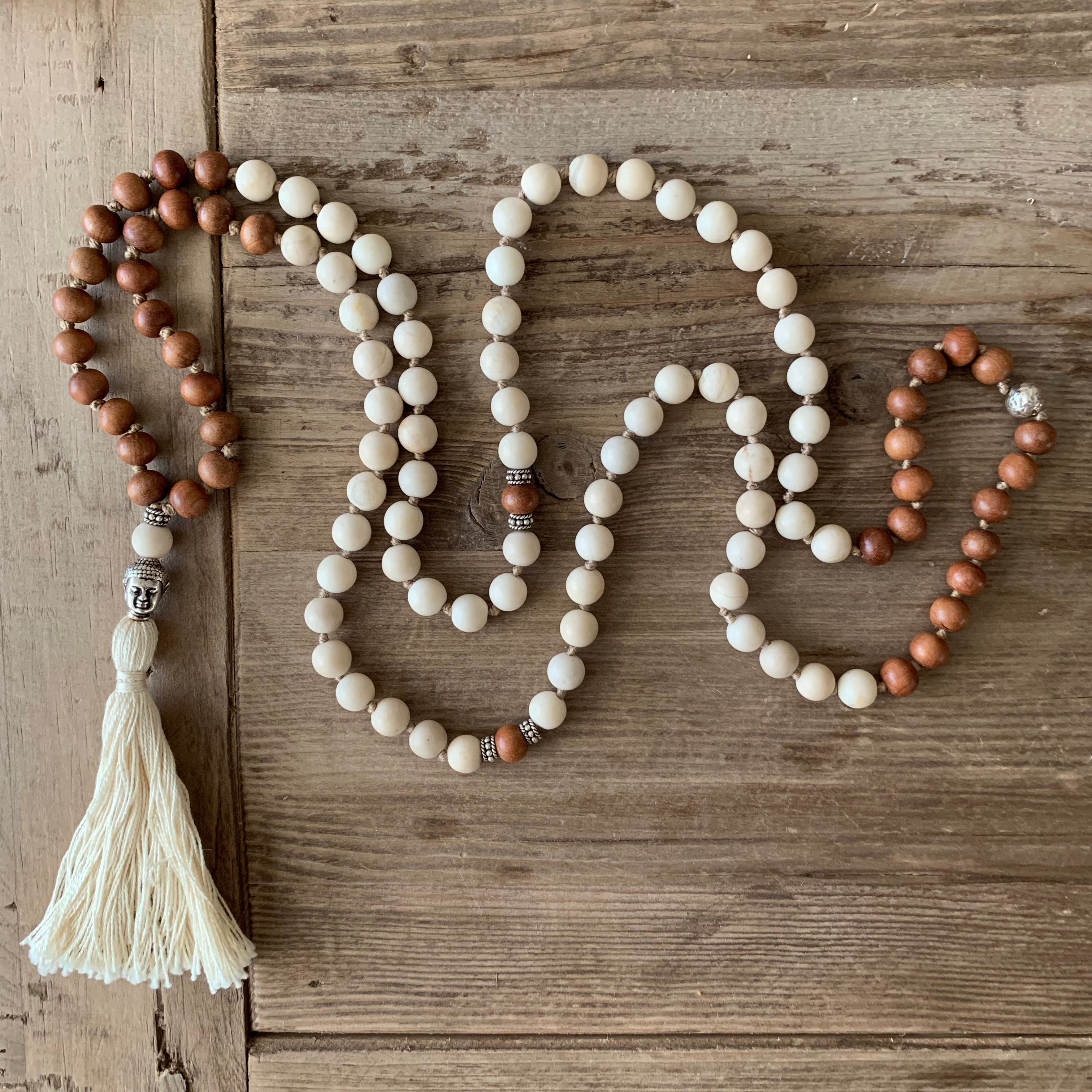 Sunstone and Sandalwood 108 Bead Mala with Buddha Head Guru Bead