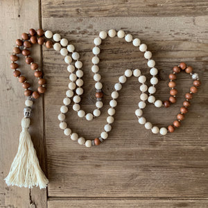 Sunstone and Sandalwood 108 Bead Mala with Buddha Head Guru Bead